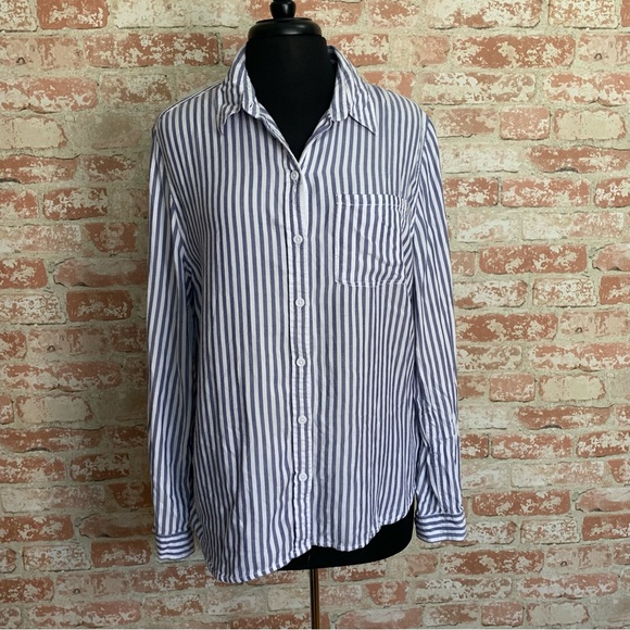 BEACHLUNCHLOUNGE Blue Striped Blouse Large Buttondown - Picture 3 of 11